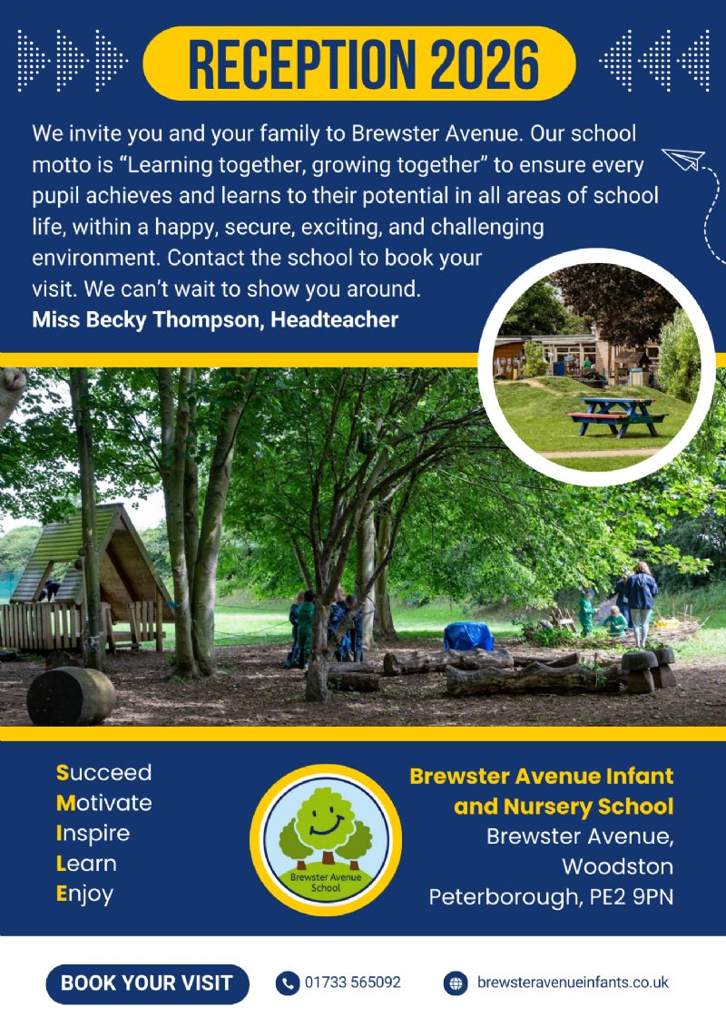 A flier advertising the visit dates and times listed above with a photo of the schools woodland learning area. 